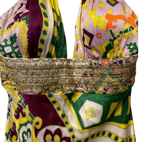 MARY L Couture Halter Dress - Multi Print Yellow Beaded Sz 4 Vintage Y2K Exotic - Picture 5 of 7